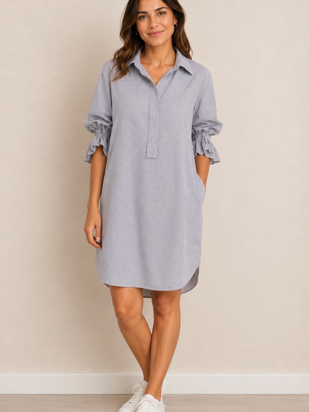 Reine Korean Blue & White Striped Tunic Shirt Dress Short Puff Ruffle Sleeve